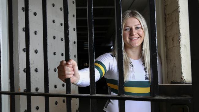 Stephanie Morton at the Old Adelaide Gaol. Australia’s top female sprinter is studying criminology at university. Picture: Sarah Reed.