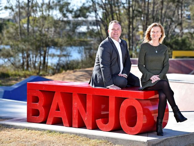 Jilly Pilon with Terrigal state Liberal MP Adam Crouch at Banjo's Skatepark on Terrigal Lagoon. Picture: Troy Snook