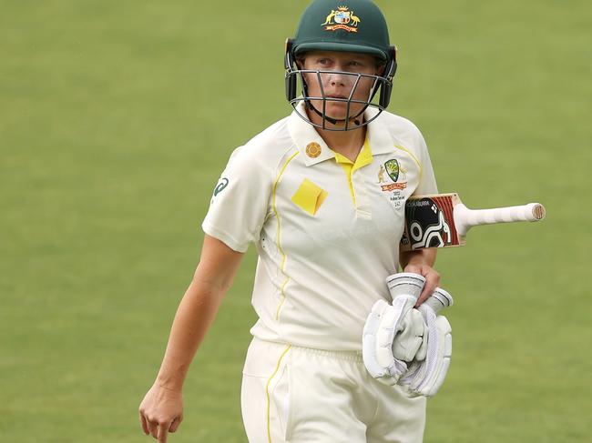 Healy is dejected after being dismissed by Katherine Brunt on day three of the Ashes Test. Picture: Mark Kolbe/Getty Images