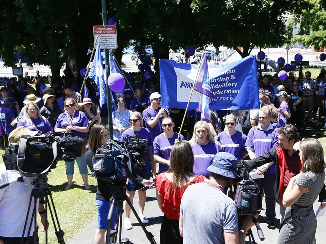 Nurses at the rally outside Parliament House. Picture: MATT THOMPSON