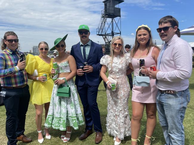 Kelt, Bridie, Chekoda, Josh, Cheyenne, Kasey and Jack at the 2024 Oaks Day. Picture: Himangi Singh.