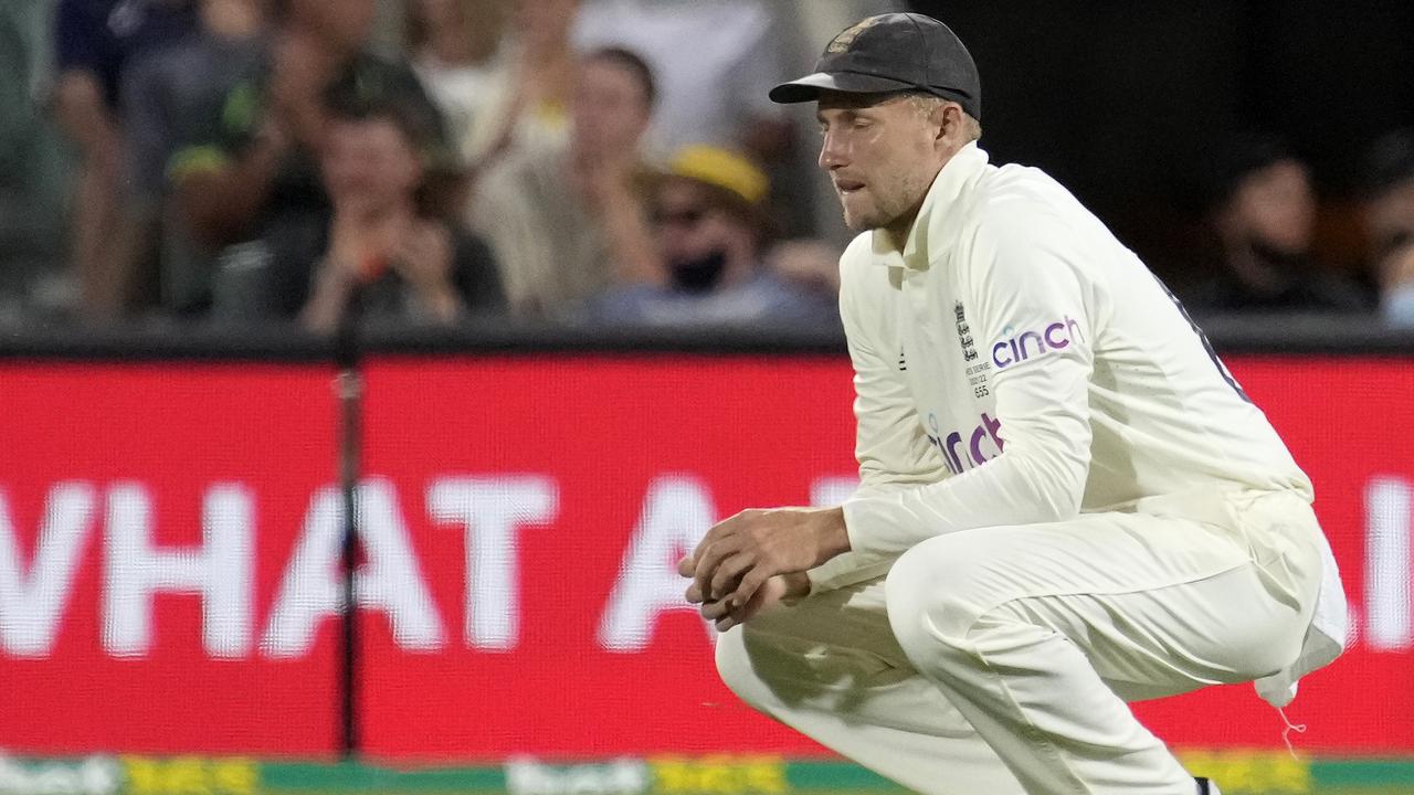 ADELAIDE, AUSTRALIA - DECEMBER 16: Joe Root of England reacts during day one of the Second Test match in the Ashes series between Australia and England at the Adelaide Oval on December 16, 2021 in Adelaide, Australia. (Photo by Daniel Kalisz/Getty Images)