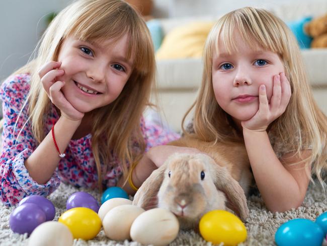 Portrait of two sisters with red bunny lying down on carpet