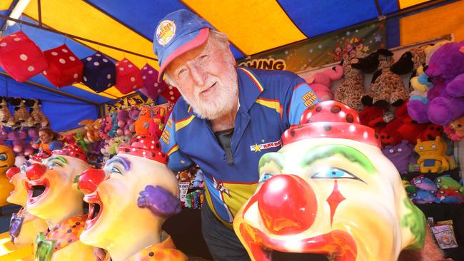 Gold Coast Show. Rusty Thomas with his clowns. Picture: Mike Batterham