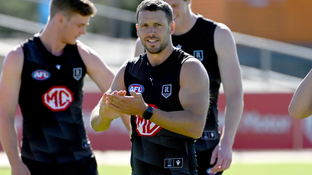 Travis Boak joined in as Power players kicked off their pre-season on Monday at Alberton Oval. Picture: Naomi Jellicoe