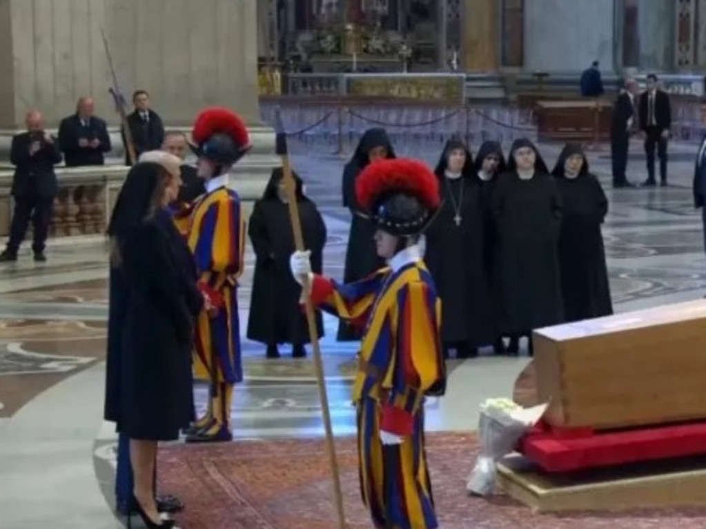 The Trumps were among those who paid their respects to the late pope’s coffin before the funeral began. Picture: Sky News UK