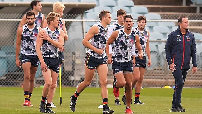 Crows coach Don Pyke, far right, has made six changes to his line-up to play West Coast at Adelaide Oval on Saturday - regaining vice-captain Rory Sloane and recalling hard-bodied midfielder Curtly Hampton. Picture: Daniel Kalisz (Getty Images)