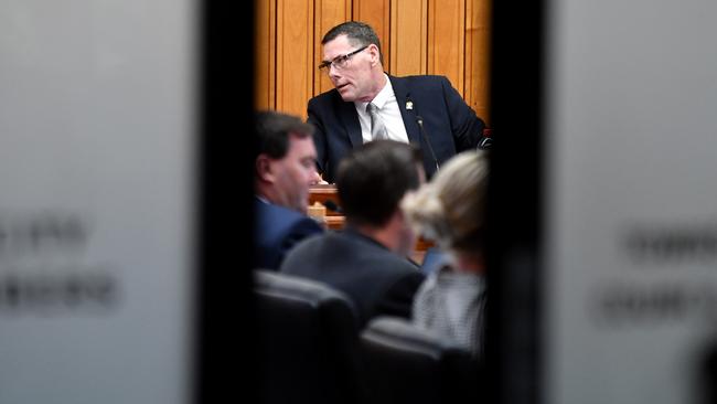 Townsville Mayor Troy Thompson in the council chambers as he takes an usual decision to remove media from the room during an open council discussion. Mr Thompson later said he only asked that cameras and recording devices be removed, which he is entitled to enforce under local laws. Picture: Evan Morgan