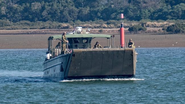 A military landing craft used to transport CFA members and evacuees from Mallacoota to Melbourne. Picture: Luis Ascui/Getty Images