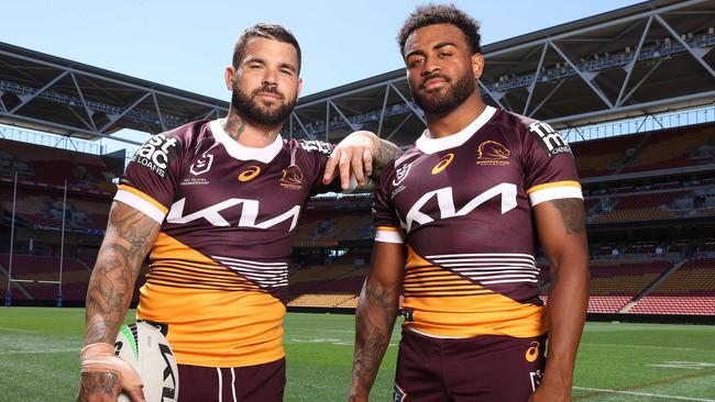 Brisbane Broncos Adam Reynolds and Ezra Mam, Suncorp Stadium, Milton. Picture: Liam Kidston