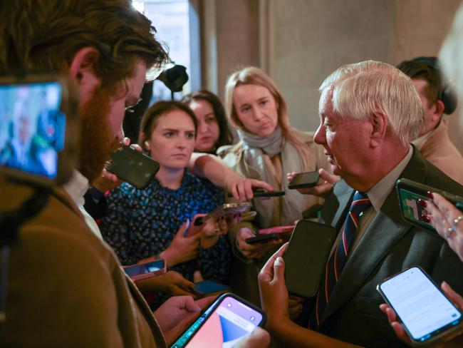 Sen. Lindsey Graham speaks to the media after meeting with Vance and Gaetz. Picture: Getty Images.