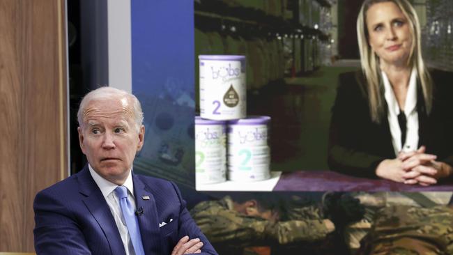 US President Joe Biden speaks with Kristy Carr, managing director of Bubs Australia, during a virtual meeting with baby formula manufacturers last month. Picture: Getty Images