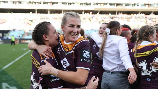 Brisbane's Ali Brigginshaw celebrates victory at full time after the Brisbane Broncos v St George 2019 NRL Women's Premiership Grand Final at ANZ Stadium, Sydney. Picture: Brett Costello