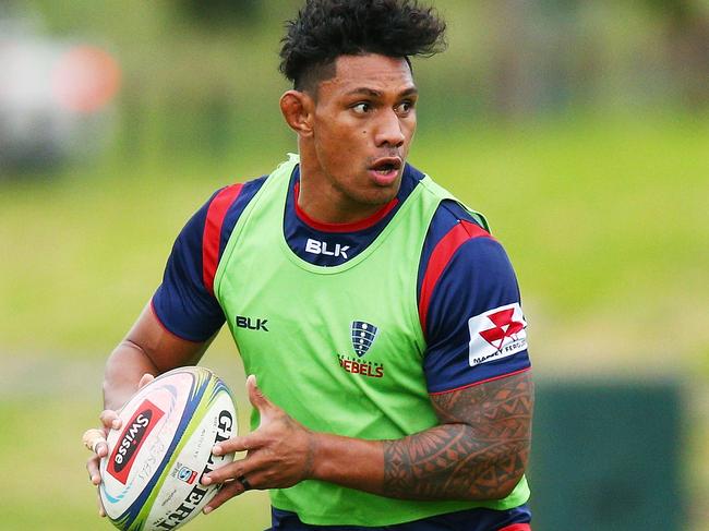 MELBOURNE, AUSTRALIA - MAY 28:   Lopeti Timani looks upfield during a Melbourne Rebels Super Rugby training session at Gosch's Paddock on May 28, 2018 in Melbourne, Australia.  (Photo by Michael Dodge/Getty Images)