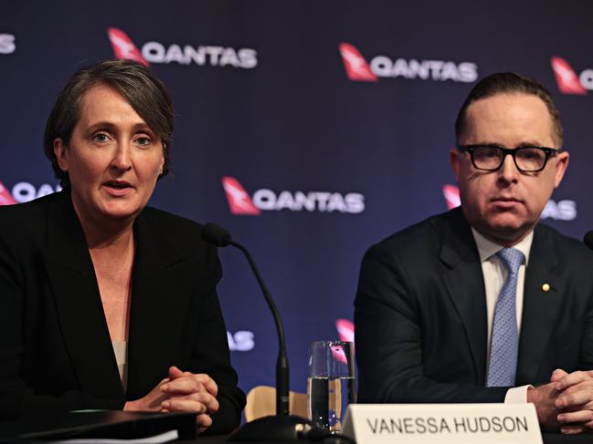 (LR) Qantas CFO Vanessa Hudson and Qantas CEO Alan Joyce speaking at their Half Yearly results on the 20th of February 2020. Photographer: Adam Yip