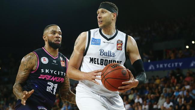 Josh Boone continued his late-season rejuvenation by dominating Breakers big man Shawn Long. Picture: Getty Images