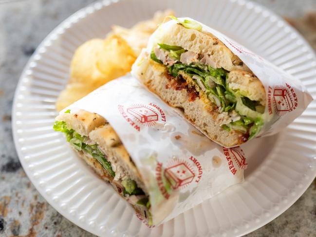 Westside Laundry in West Hobart. Westside Club - roasted chicken, bacon jam, lettuce, parmesan crisp. For TasWeekend Indulge column. Picture: Cassie Sullivan