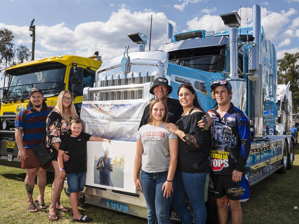 At Lights on the Hill Trucking Memorial are (from left) Jye Zernike, Bambi James, Dusty Zernike, Gemma Murphy, Kevin Murphy, Corey Murphy and Billy Muggleton at Gatton Showgrounds, Saturday, October 5, 2024. Picture: Kevin Farmer