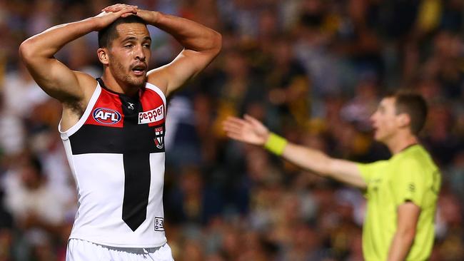 Shane Savage reacts after giving away a free kick against West Coast. (Photo by Paul Kane/Getty Images)