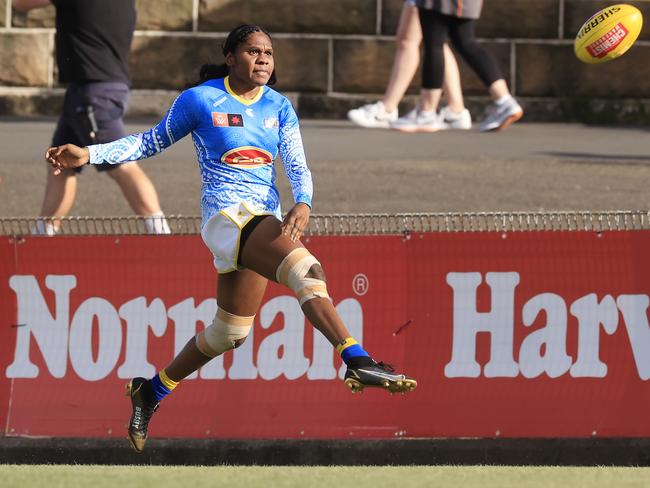 SYDNEY, AUSTRALIA – OCTOBER 30: Ashanti Bush of the Suns kicks a goal during the round 10 AFLW match between the Greater Western Sydney Giants and the Gold Coast Suns at Henson Park on October 30, 2022 in Sydney, Australia. (Photo by Mark Evans/Getty Images via AFL Photos)