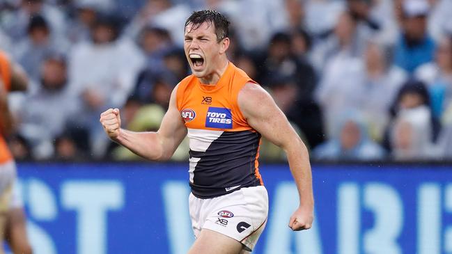 Brent Daniels punches the air after his third-quarter goal in the preliminary final. Picture: Michael Willson/AFL Photos via Getty Images.