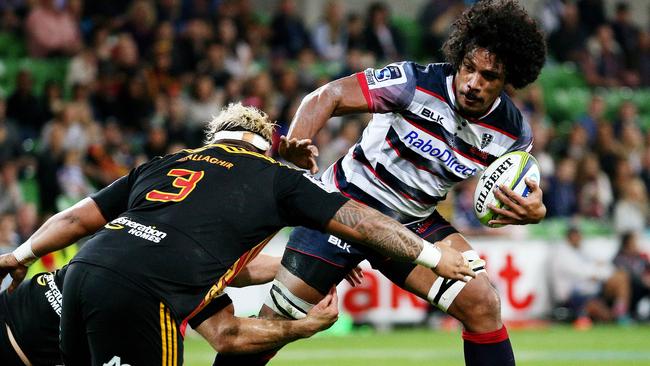 Rebels lock Lopeti Timani is hard to tackle for Chiefs prop Ben Tameifuna.