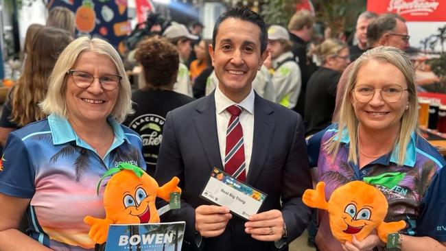 Premier David Crisafulli with the Manager of Bowen Tourism and Business, Leanne Abernethy and Chair Jenn Honnery. Photo: Contributed