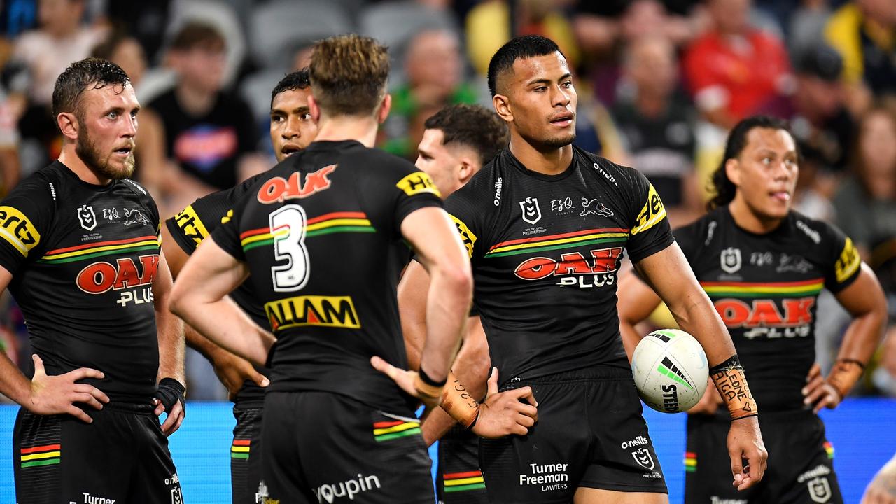 TOWNSVILLE, AUSTRALIA – SEPTEMBER 11: Kurt Capewell, Tevita Pangai Junior and Stephen Crichton of the Panthers look dejected during the NRL Qualifying Final match between Penrith Panthers and South Sydney Rabbitohs at QCB Stadium, on September 11, 2021, in Townsville, Australia. (Photo by Ian Hitchcock/Getty Images)