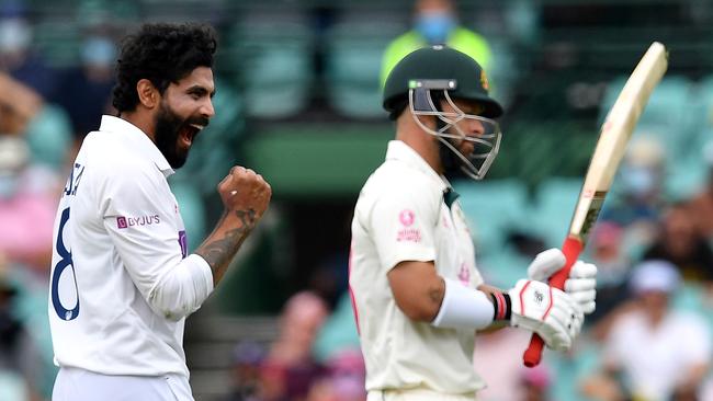 Ravindra Jadeja celebrates taking the wicket off Matthew Wade.