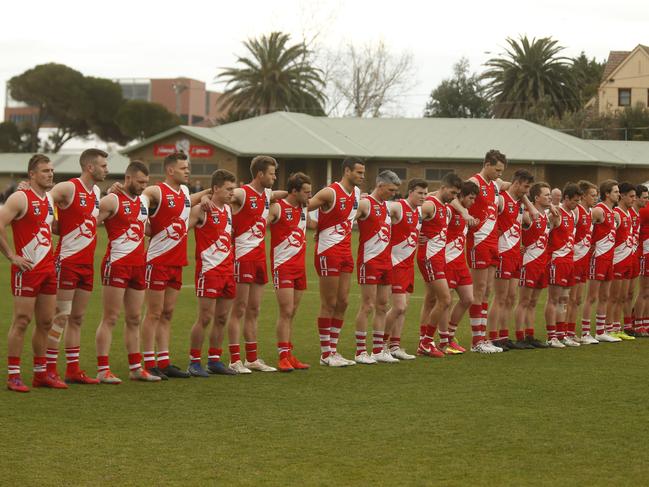 Sorrento players line up before this year’s MPNFL Division 1 grand final at Frankston Park. Picture: Valeriu Campan