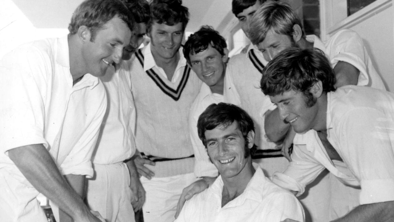 Dennis Lillee is congratulated by teammates. Picture: West Australian newspapers