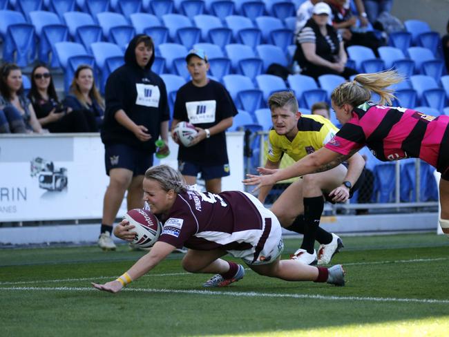 Burleigh Bears’ Tarnisha Lyons in action in the South East Queensland (SEQ) Womens Rugby grand final against West Brisbane Panthers at Cbus Stadium. Picture: SMPIMAGES / NEWSCORP
