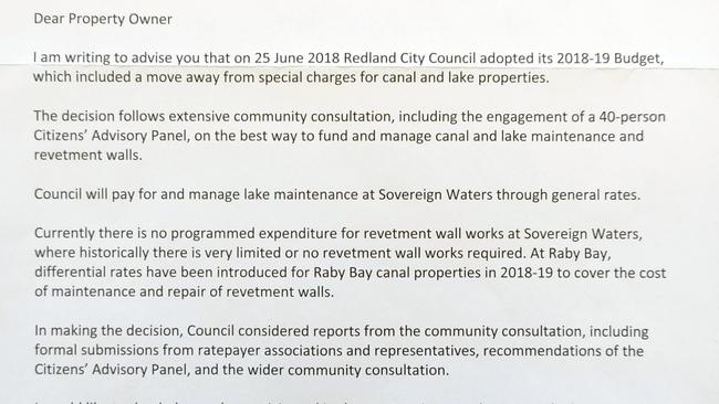 A Redland City Council letter in 2018 to ratepayers informing them the special canal levy would cease.