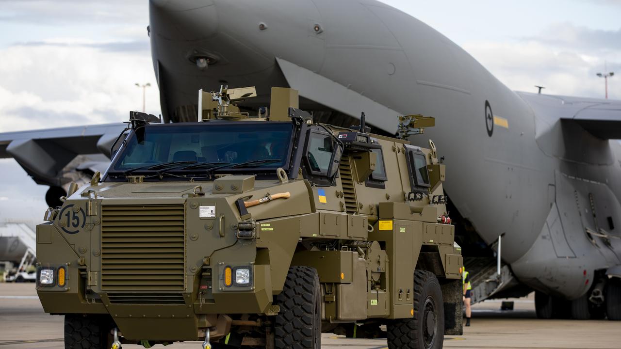 A Bushmaster protected mobility vehicle bound for Ukraine waits to be loaded onto a Royal Australian Air Force C-17A Globemaster III aircraft at RAAF Base Amberley, Queensland. Picture: ADF via NCA NewsWire