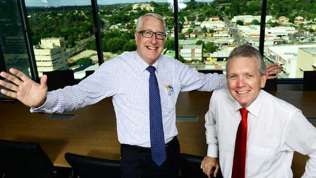 WATER WORKS: Water Supply Minister Mark McArdle (right) and Ipswich MP Ian Berry tour the new SEQ Water offices in Icon Ipswich. Picture: David Nielsen