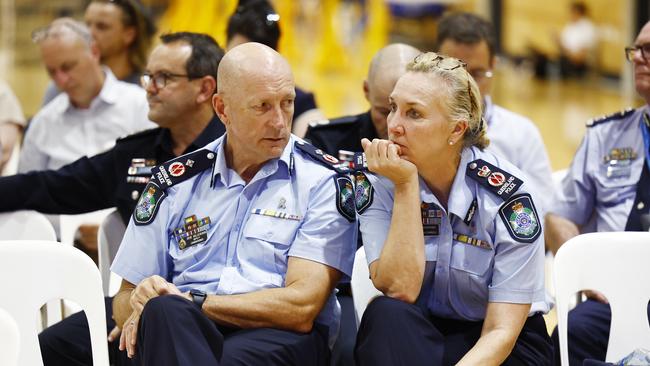 Queensland Police Acting Commissioner Steve Gollschewski and Commissioner Katarina Carroll attend the State Government's community cabinet meeting at Cairns State High School. Picture: Brendan Radke