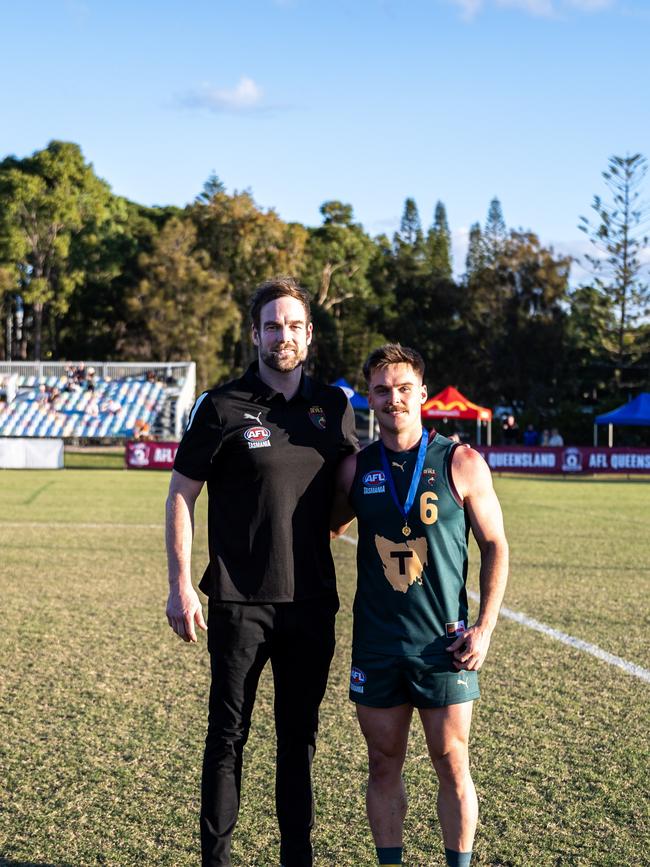 2024 Lefroy Medalist Kieran Lovell (right) with Tasmania coach Aaron Cornelius (left). Picture: Aaron Black.