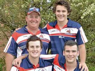 TRAINING ON: Warwick Cowboys (front, from left) Ty Gardner, Braydon Wilson, (back) coach Craig Mullaly and Jordyn Hogden are getting ready for Season 2016. Inset: Wilson in action. Picture: Gerard Walsh