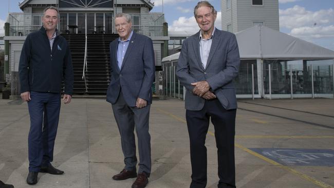 Steve Lyons, Kevin Lyons and Norm Lyons celebrating Lyons Construction’s 95th year in business in 2024. Picture: Alan Barber.