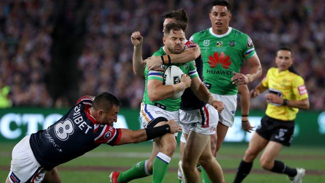 Aidan Sezer taken high during the 2019 NRL Grand Final between the Sydney Roosters and Canberra Raiders at ANZ Stadium, Sydney Olympic Park. Picture: Jonathan Ng