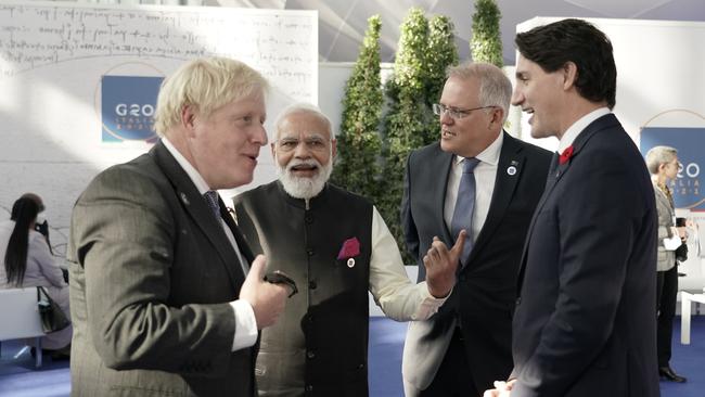 Prime ministers Boris Johnson (Britain), Narendra Modi (India), Scott Morrison and Justin Trudeau (Canada) in Rome. Picture: Adam Taylor