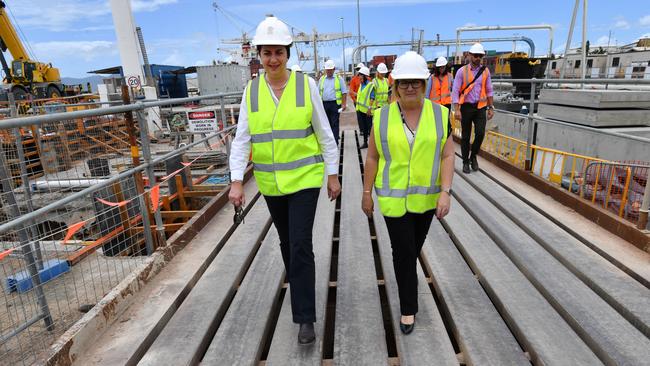 Premier Annastacia Palaszczuk and the member for Mundingburra, Coralee O'Rourke, at the Port of Townsville yesterday. Picture: AAP/Darren England