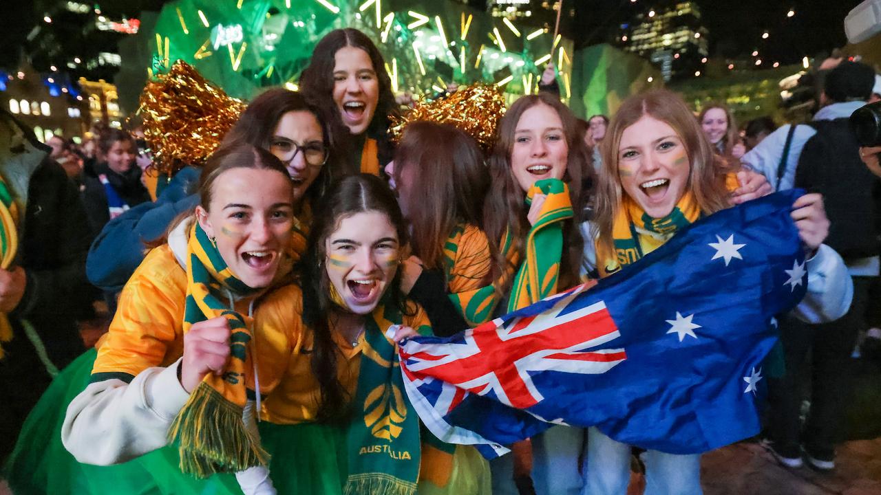 Matildas’ fans at the live site at Federation Square in Melbourne before the quarter-final match against Denmark. Picture: Ian Currie