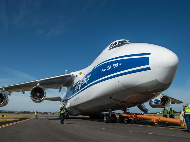 Antonov-124-100 owned by Russian transport company Volga Dnepr at Adelaide Airport. PICTURE: Brad Fleet