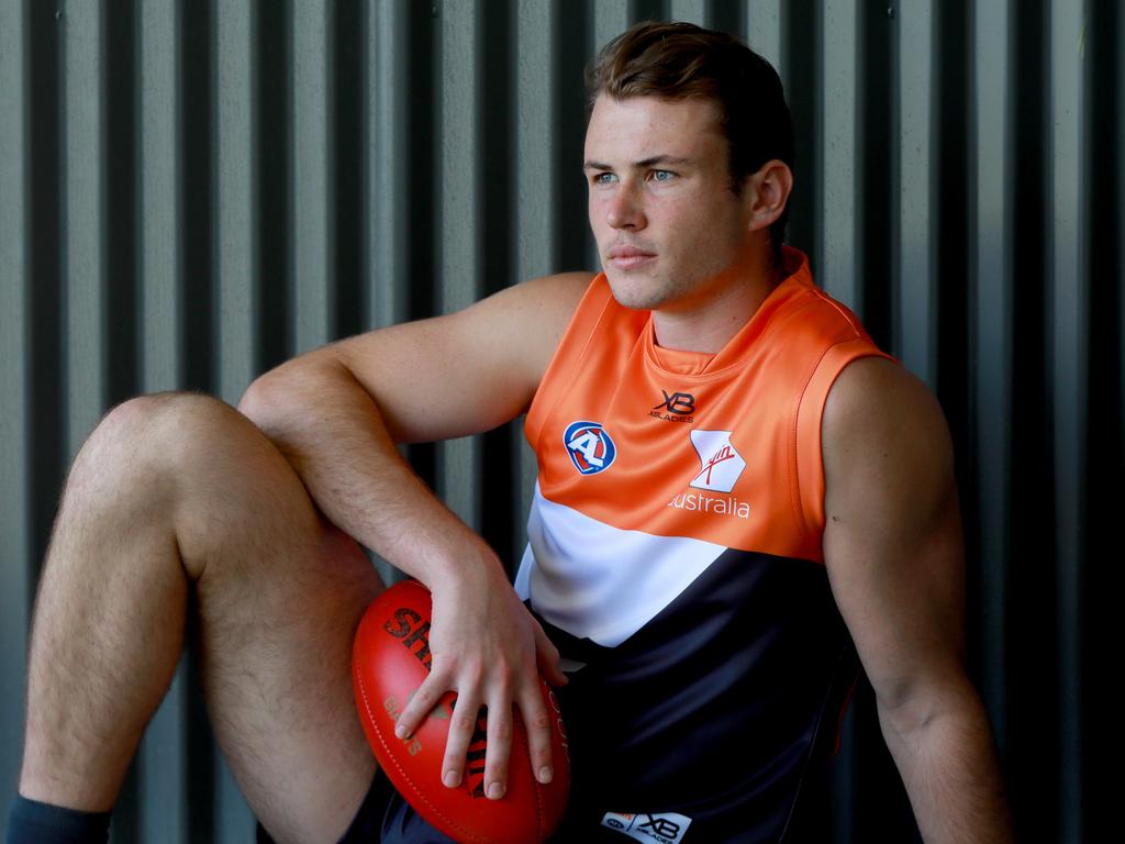 New Giants draftee Kieren Briggs poses for photographs in Sydney Olympic Park. Sydney Olympic Park, Friday, November 30th 2018. Pennant Hills local Kieren Briggs is part of the GWS Giants 2018 draft class. (AAP IMAGE/ Angelo Velardo)