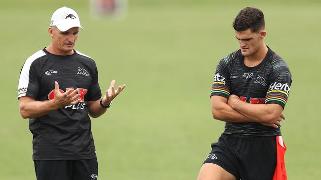 Coach Ivan Cleary speaks to son Nathan Cleary during a Panthers training session. Picture: Brett Costello