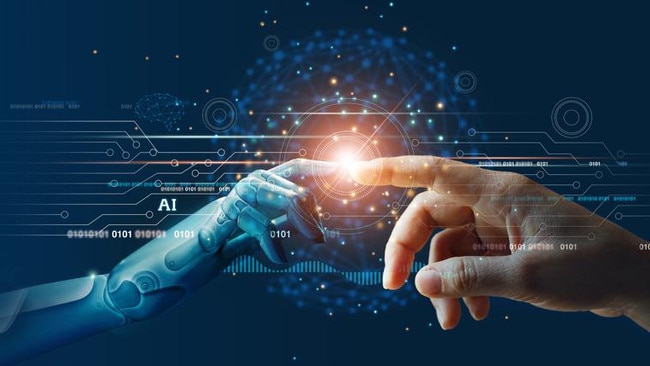 AI, Machine learning, Hands of robot and human touching on big data network connection background, Science and artificial intelligence technology, innovation and futuristic.