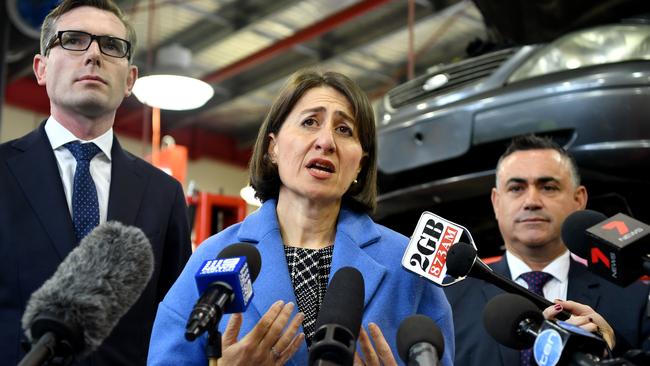 Premier Gladys Berejiklian addresses the media during a tour of Southern Cross Vocational College in Sydney today. Picture: AAP Image/Joel Carrett