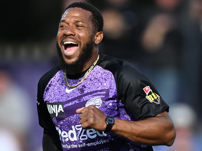 HOBART, AUSTRALIA - JANUARY 01: Chris Jordan of the Hurricanes celebrates the wicket of James Vince of the Sixers during the BBL match between the Hobart Hurricanes and Sydney Sixers at Blundstone Arena, on January 01, 2025, in Hobart, Australia. (Photo by Steve Bell/Getty Images)