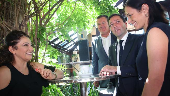 Cafe owner Miriam Jamil (left) with Matthew Guy and wife Renae Guy and Liberal candidate for Frankston Michael Lamb (second left).